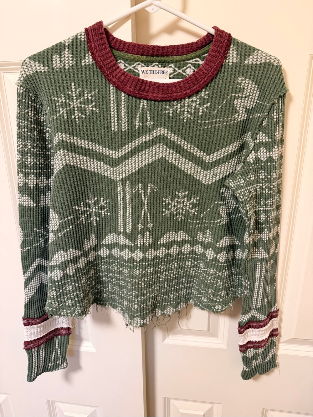 We The Free Green Fair Isle Crewneck with Burgundy Trim